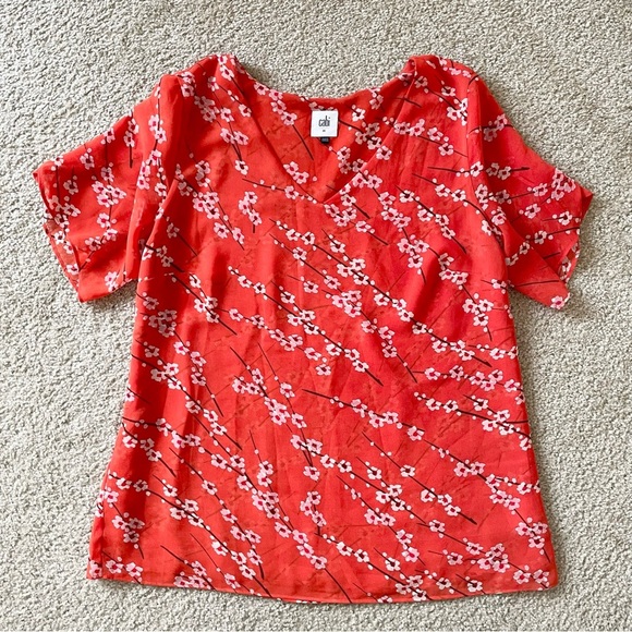 🎃 CAbi Tulip Sleeve Orange Blouse with Cherry Blossom Print Medium - Picture 11 of 15